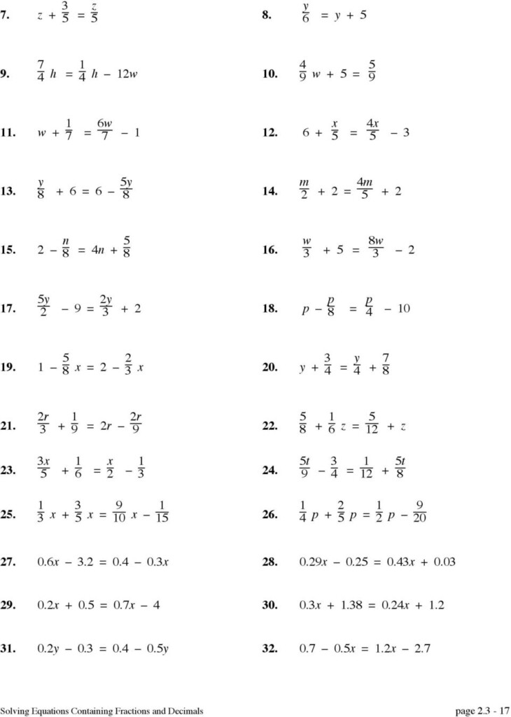 Solving Equations With Fractional Coefficients Worksheet Pdf Fraction