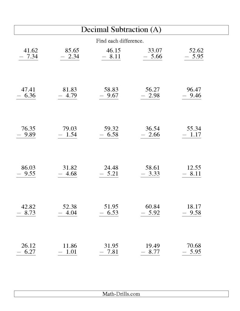 Vertical Decimal Subtraction Subtract Up To 9 99 A Decimals 
