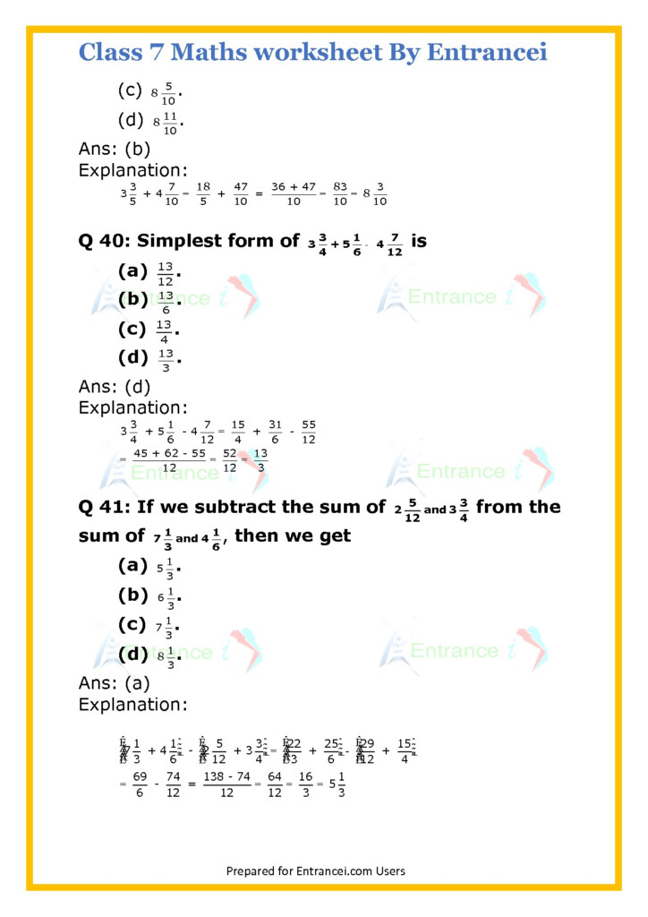 CBSE Class 7 Maths Worksheet For Chapter 2 Fraction And Decimals