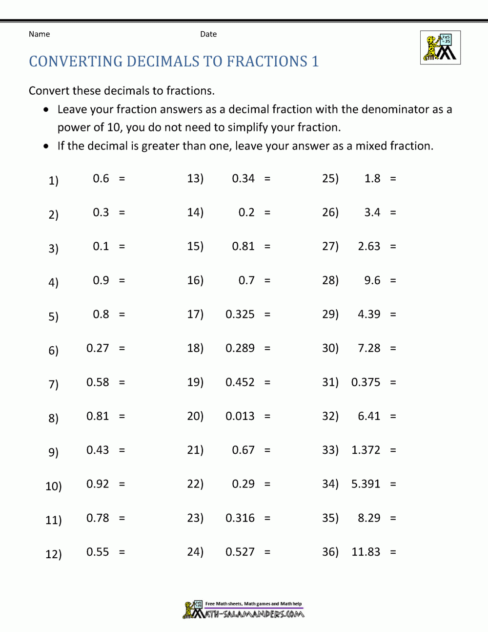 Changing Decimals To Fractions Worksheets 4th Grade Worksheets Free 