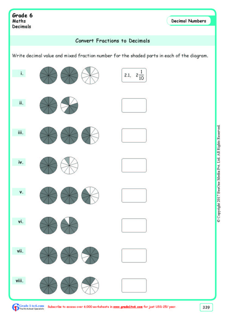 Converting Fractions To Decimals Worksheets Grade 6