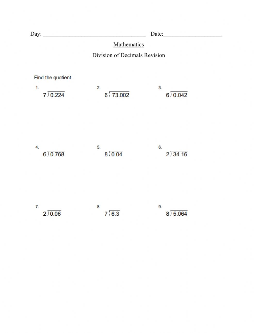 Dividing Decimals By Whole Numbers Worksheet Dividing Decimals By Whole Numbers Worksheet