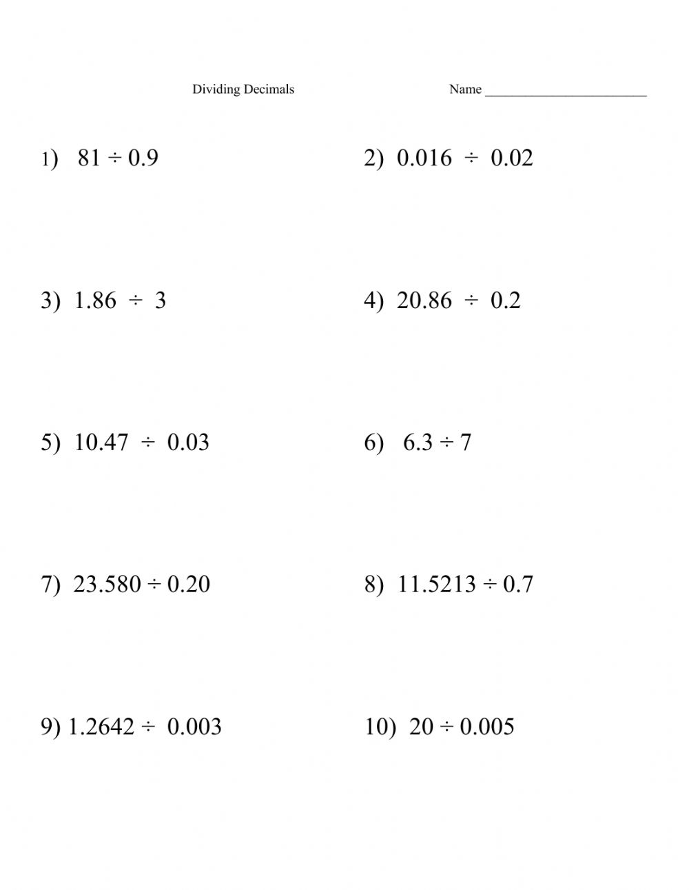 Ejercicio De Decimal Dividing Decimals By Decimals Ejercicio De Decimal Dividing Decimals By Decimals