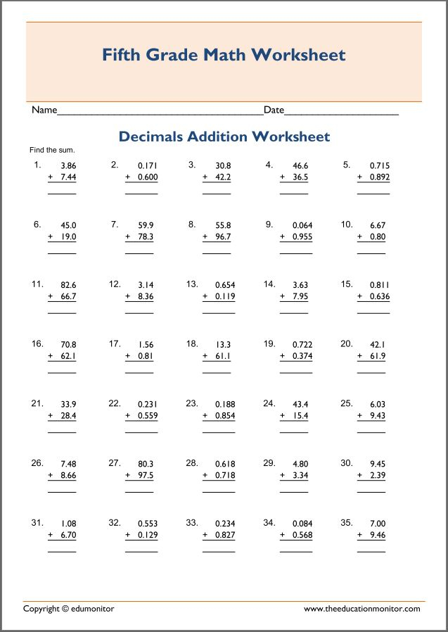 math worksheets for 5th grade adding and subtracting decimals