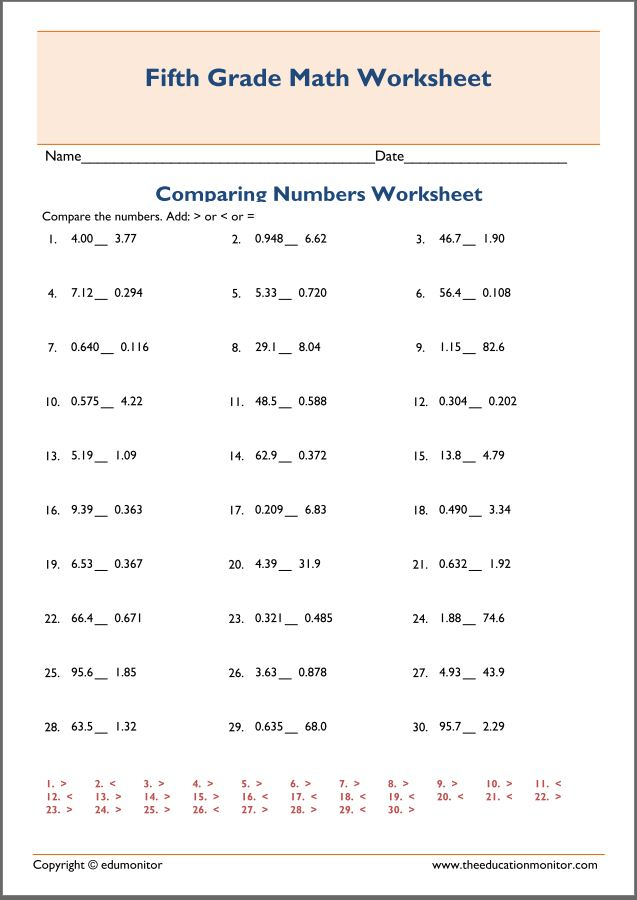 Comparing Decimals 5th Grade