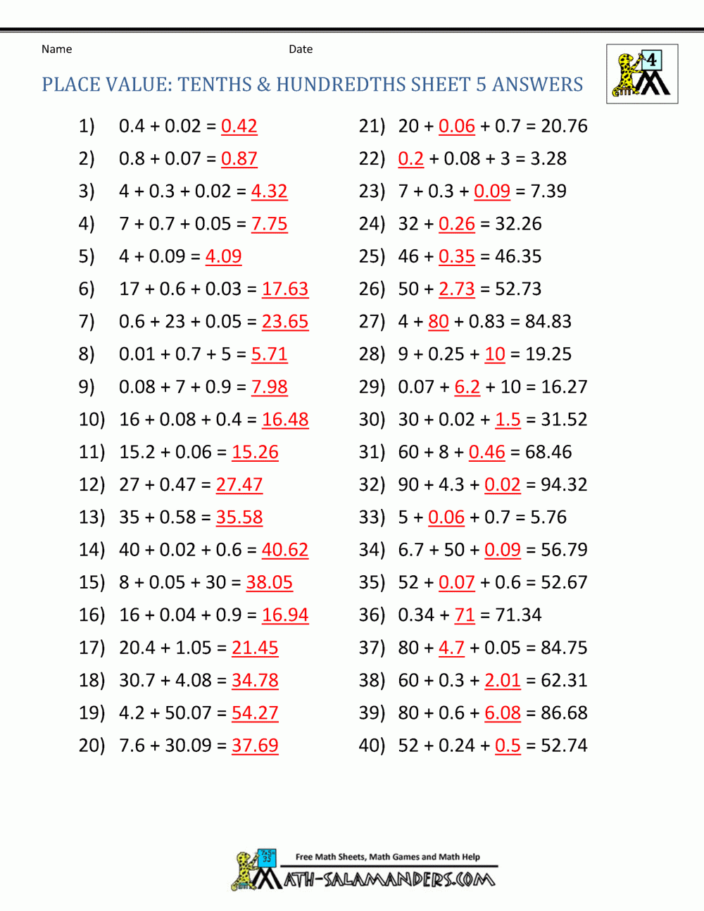 Decimal Place Value Worksheets 4th Grade Decimal Place Value Worksheets 4th Grade