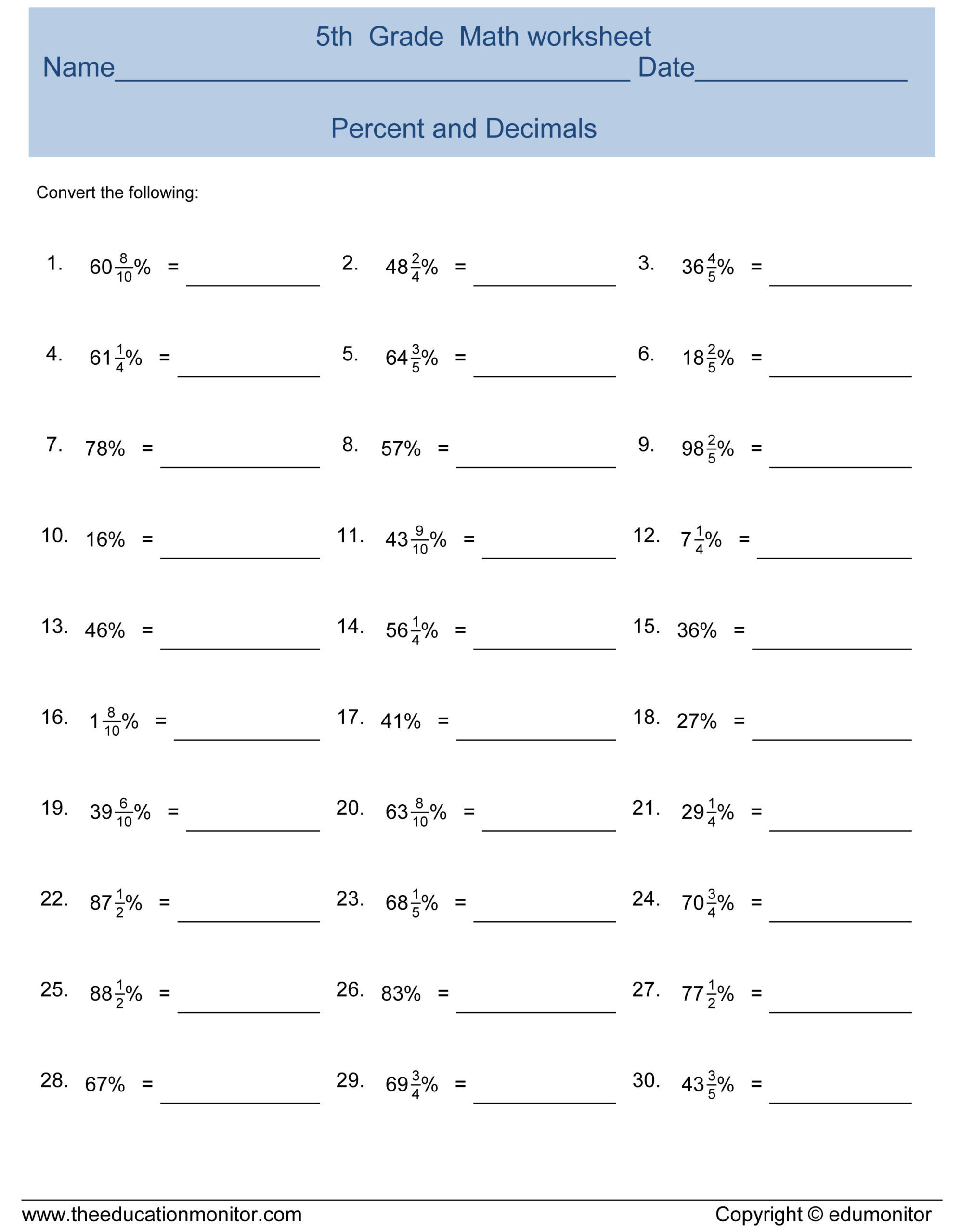 Fifth Grade Converting Percentages To Decimals Math Worksheet Archives Fifth Grade Converting Percentages To Decimals Math Worksheet Archives