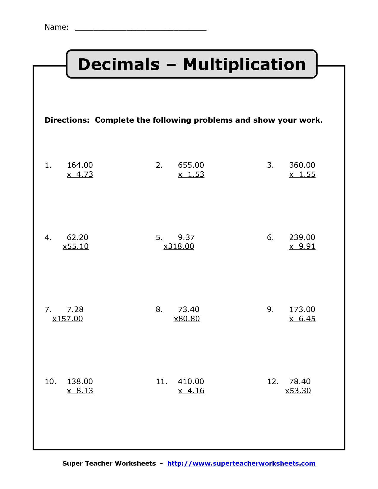 Multiplying Decimals Multiplication With Decimals Worksheets Multiplying Decimals Multiplication With Decimals Worksheets