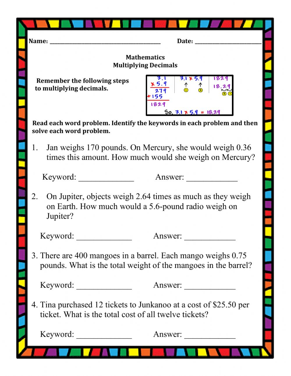Multiplying Decimals Word Problems Worksheet Multiplying Decimals Word Problems Worksheet