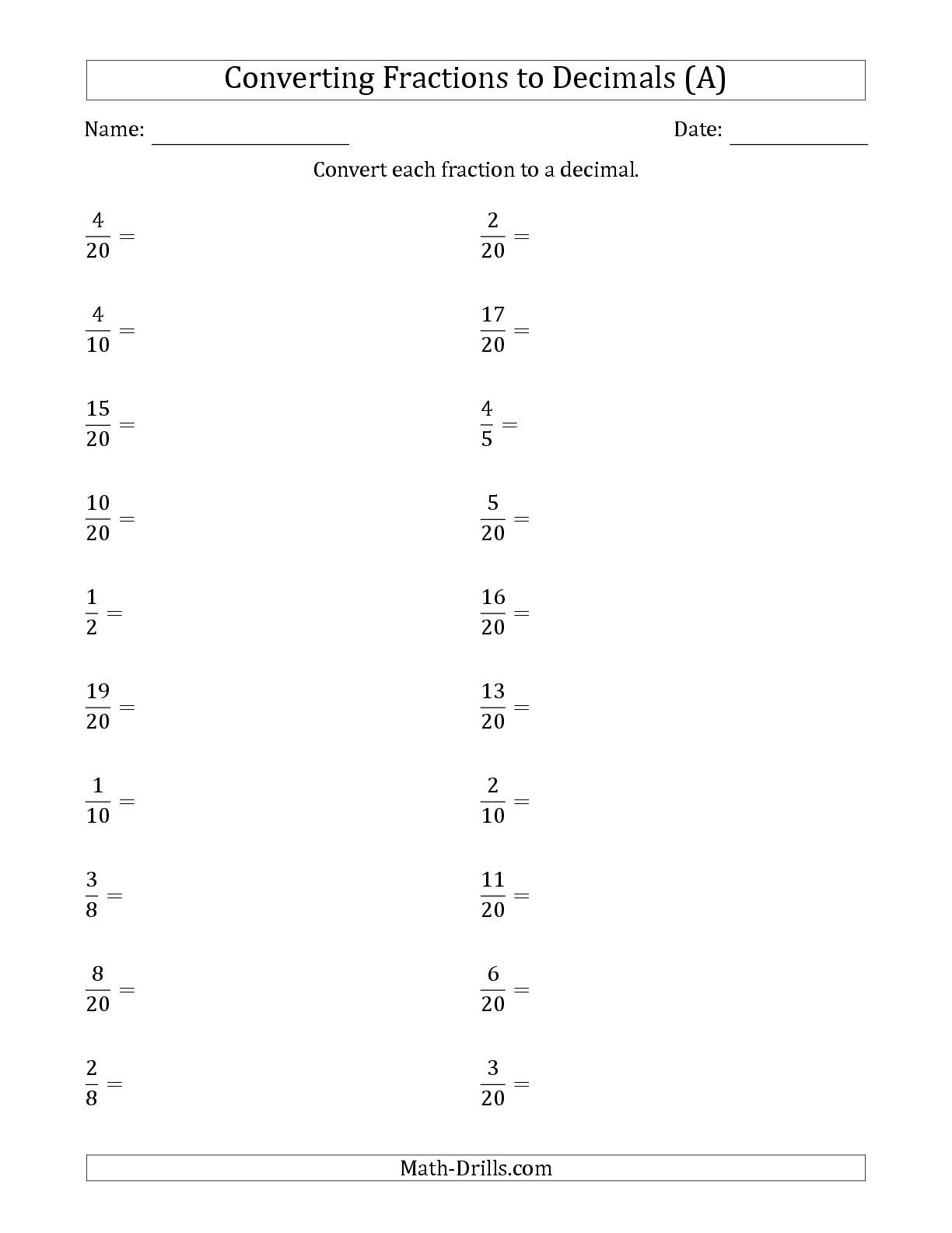 The Converting Fractions To Terminating Decimals A Math Worksheet The Converting Fractions To Terminating Decimals A Math Worksheet