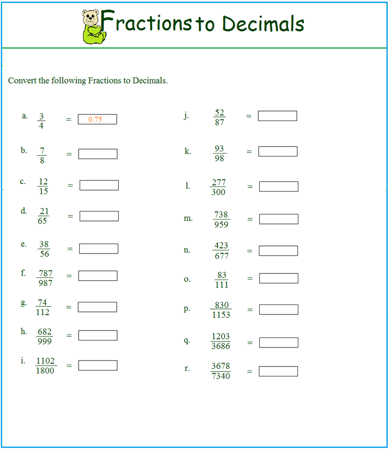 Worksheet On Fraction To Decimal