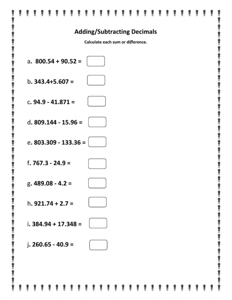 Adding And Subtracting Decimal Worksheet