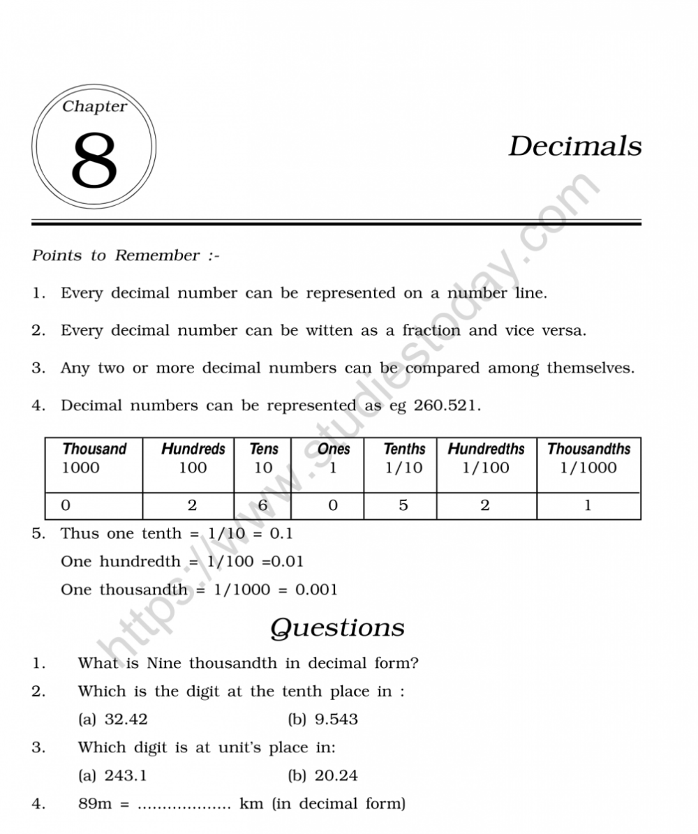 CBSE Class 6 Mental Maths Decimals Worksheet CBSE Class 6 Mental Maths Decimals Worksheet
