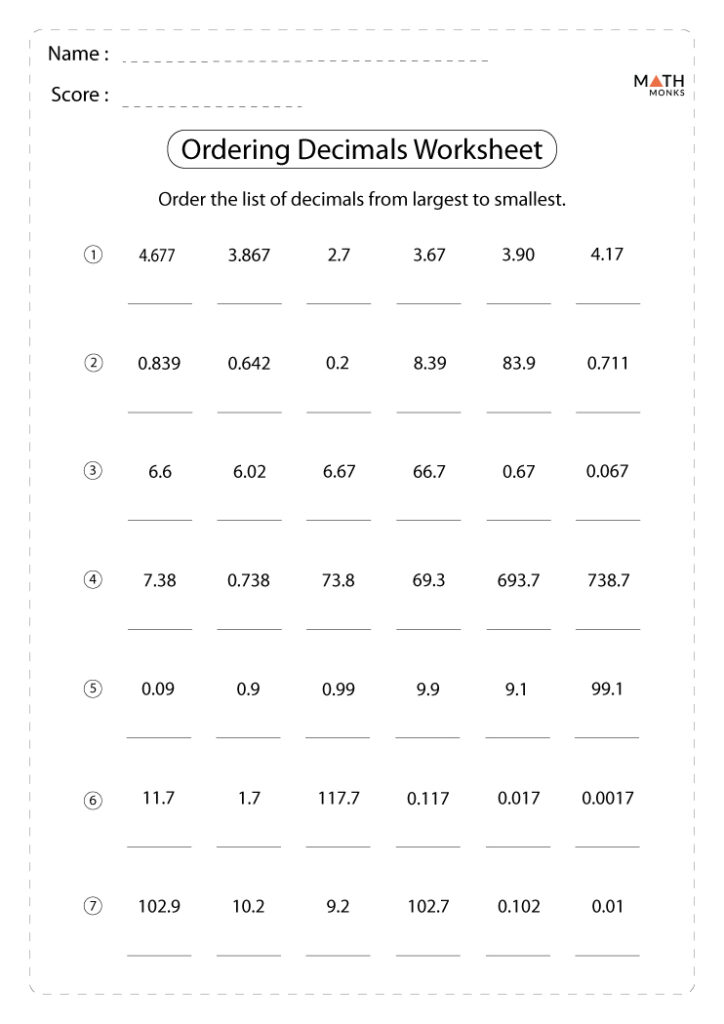 Comparing Decimals Worksheets Comparing Decimals 1 2 Digits 