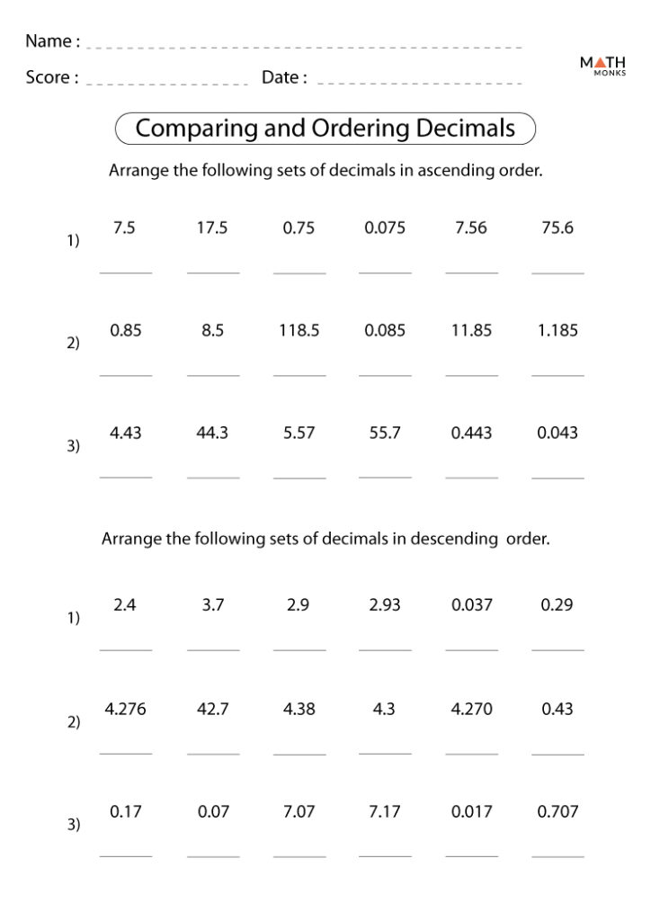 Comparing Fractions And Decimals Worksheet