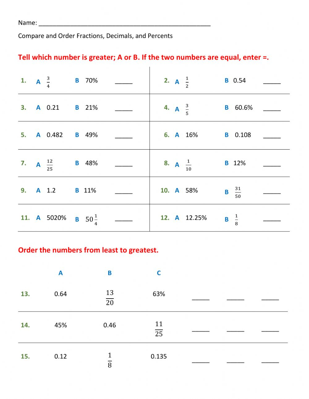 Comparing Fractions And Decimals Worksheet Word Worksheet Comparing Fractions And Decimals Worksheet Word Worksheet