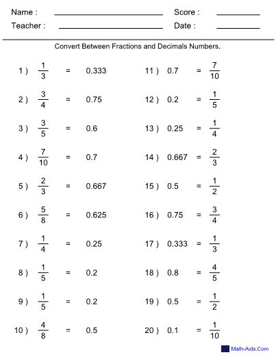 Converting Fractions Decimals Worksheet