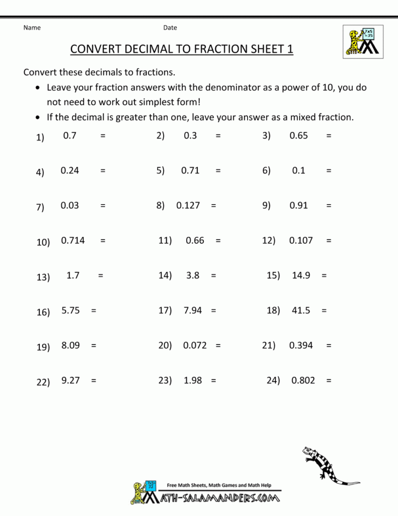 Converting Fractions To Decimals Worksheet 5th Grade Decimal Worksheets