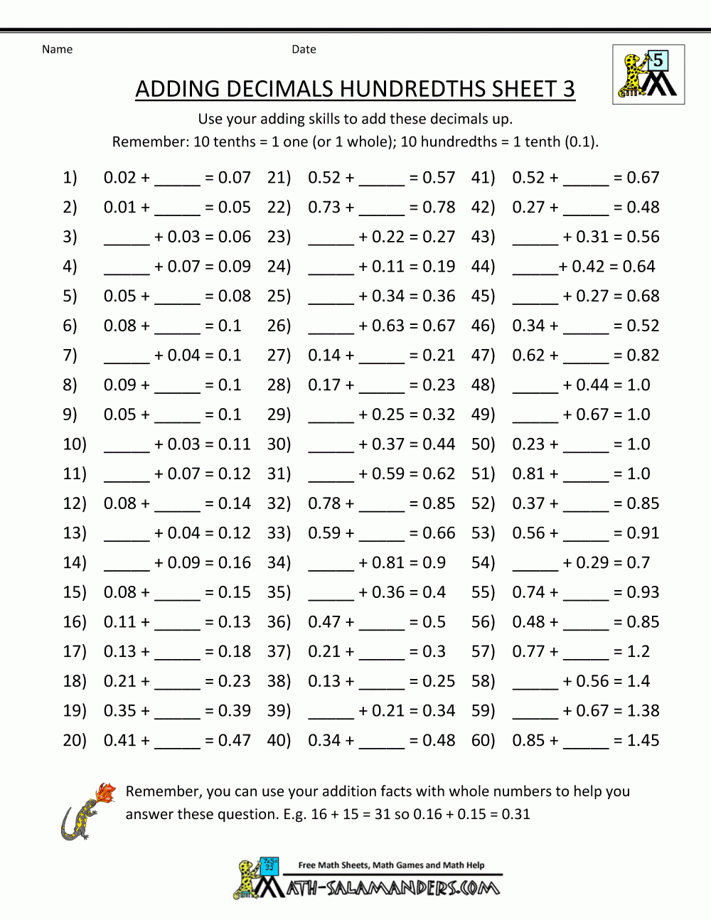 Decimal Math Worksheets Addition Decimal Math Worksheets Addition