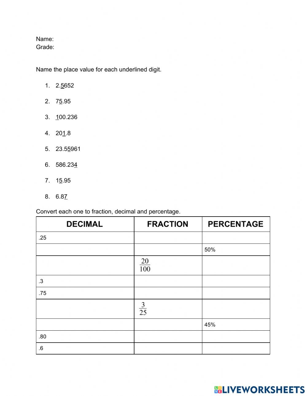 Decimal Review Activity Decimal Review Activity