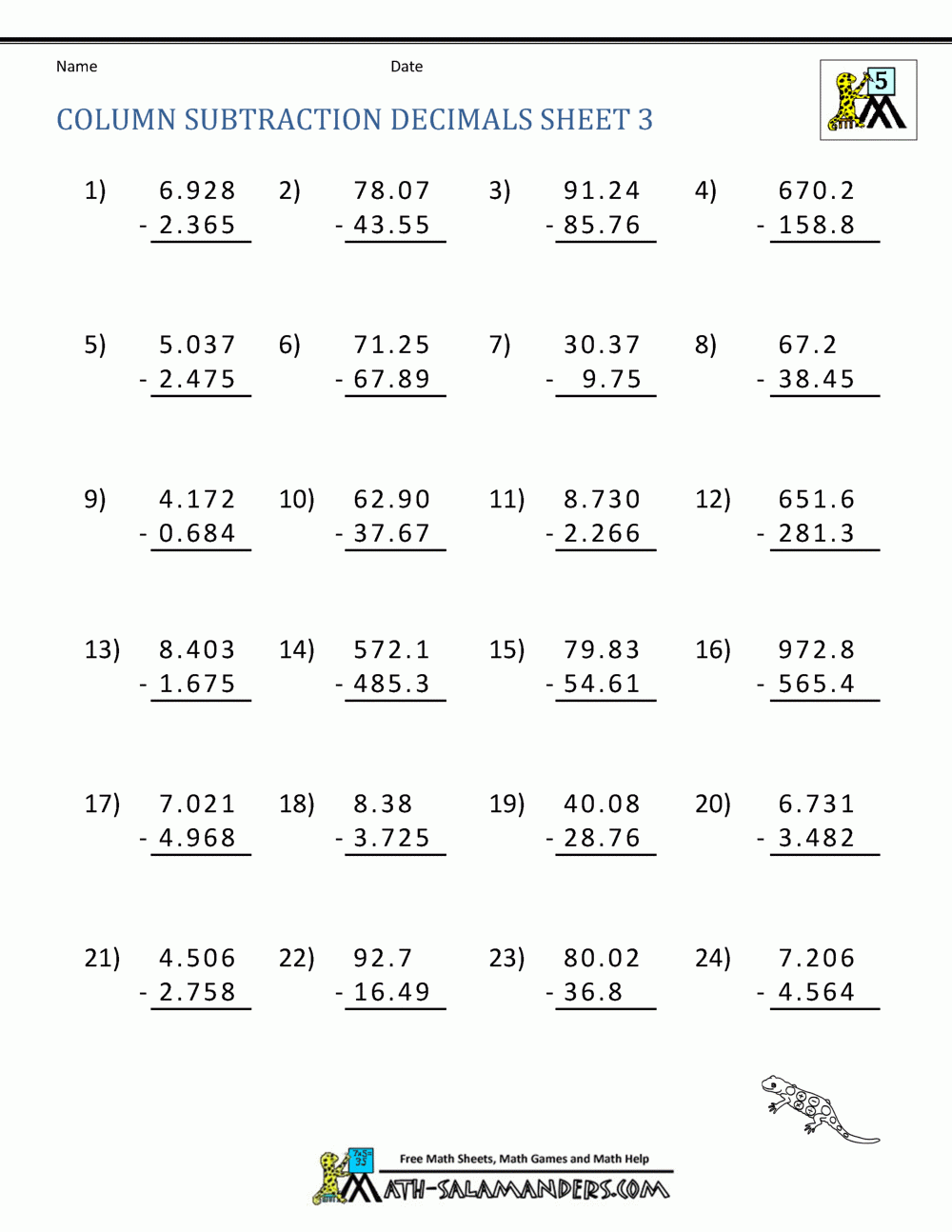 Decimal Subtraction Worksheets Decimal Subtraction Worksheets
