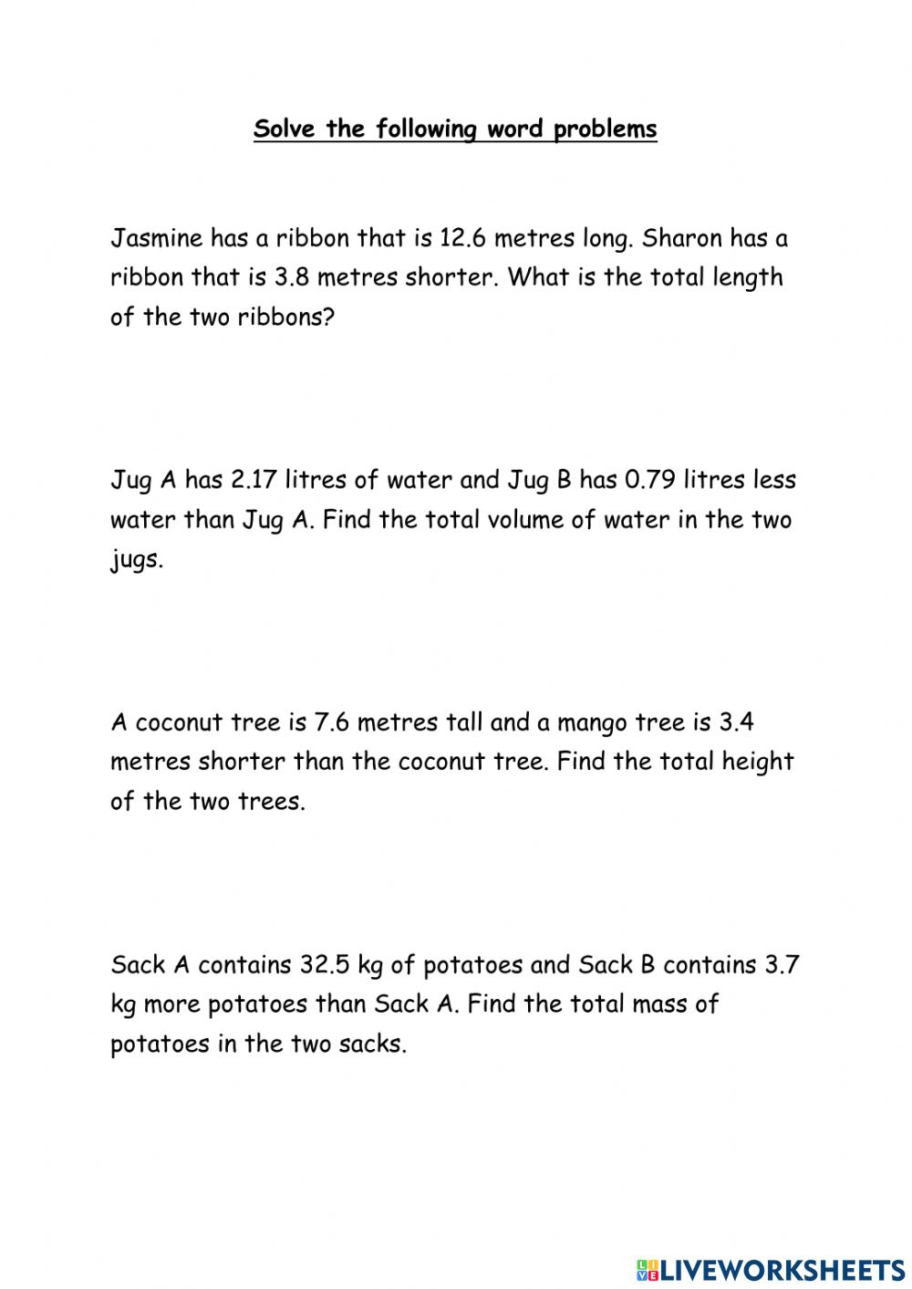 Decimal Word Problem Worksheet Decimal Word Problem Worksheet