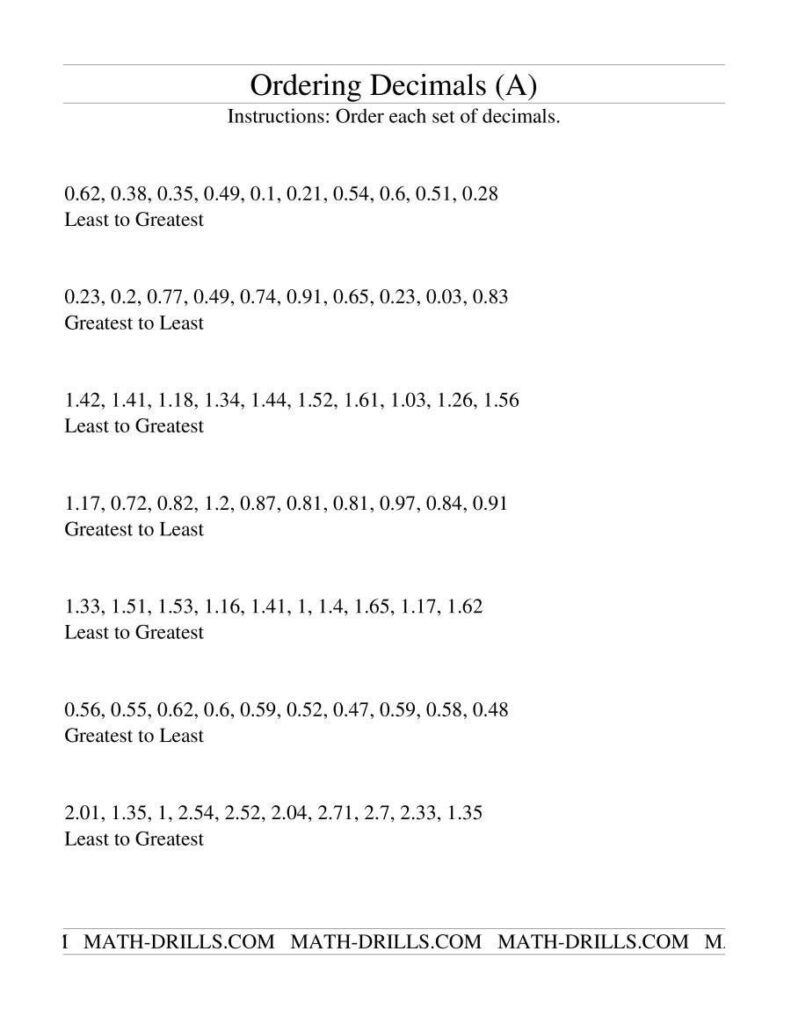 Decimals Least To Greatest Worksheet Tomas Blog