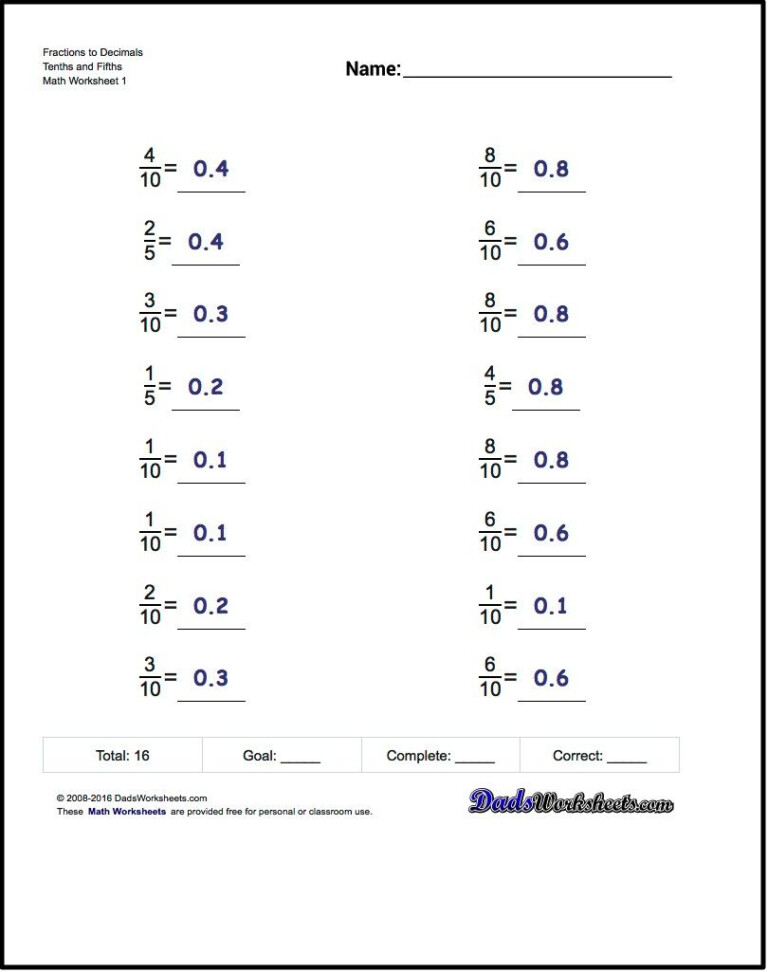 Fraction And Decimal Equivalents Worksheet Decimal Worksheets