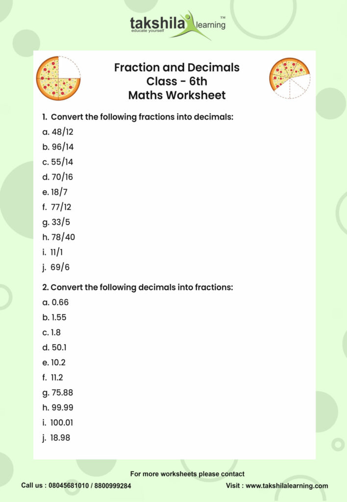 Fraction And Decimals Exercise For CBSE Class 6 Maths Free Worksheet