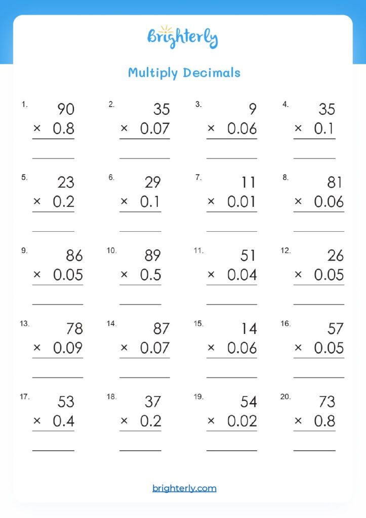 Grade 5 Math Worksheets Decimal Multiplication 1 2 Digits K5 Learning