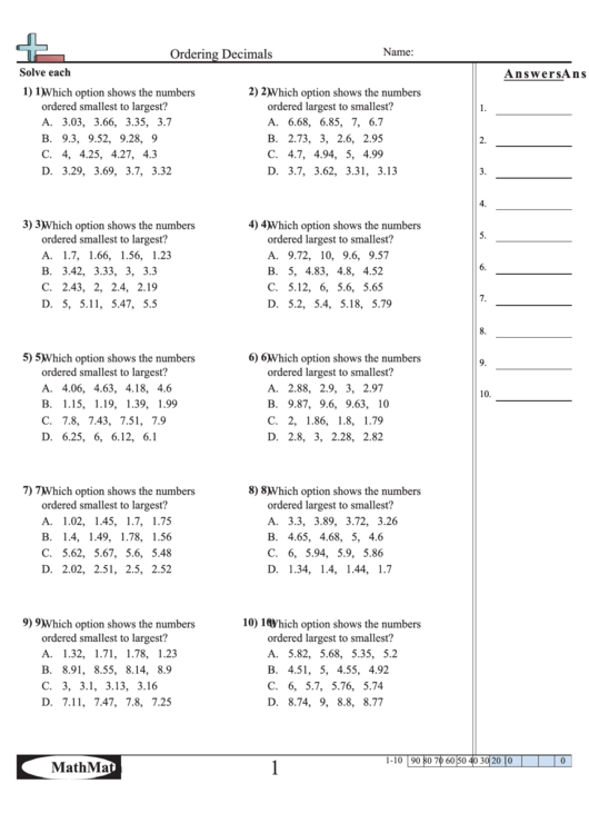 Ordering Decimals Worksheet Printable Pdf Download